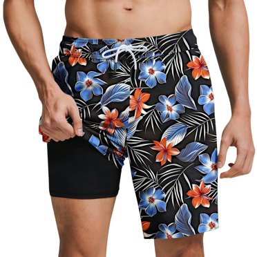 Tauxra Men's Swim Trunks with Liner and Pockets, Hawaiian Printed Beach Shorts for Men Drawstring Closure Quick Dry Summer Shorts with Inner Lining, Casual Board Shorts for Summer Vacatio