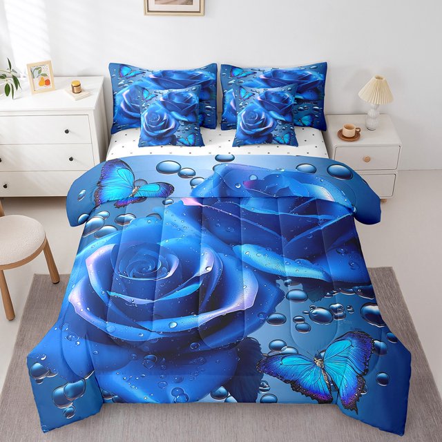 Ensemble de Douillette Simple à Roses Bleues 7 Pcs, Sac de Literie Toutes Saisons Simple, Ensemble de Literie Fleurs et Papillons avec Douillette Rustique à Motif Animal, Drap Plat, Drap-Housse, Taies d'Oreiller, Couvre-Oreillers