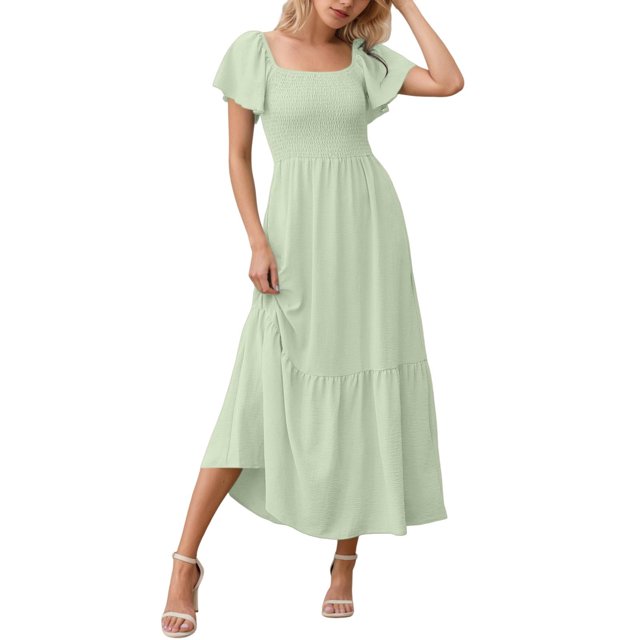 Robes Maxi pour Femmes à Encolure Carrée, Manches Volantées, Robe Smockée avec Poches