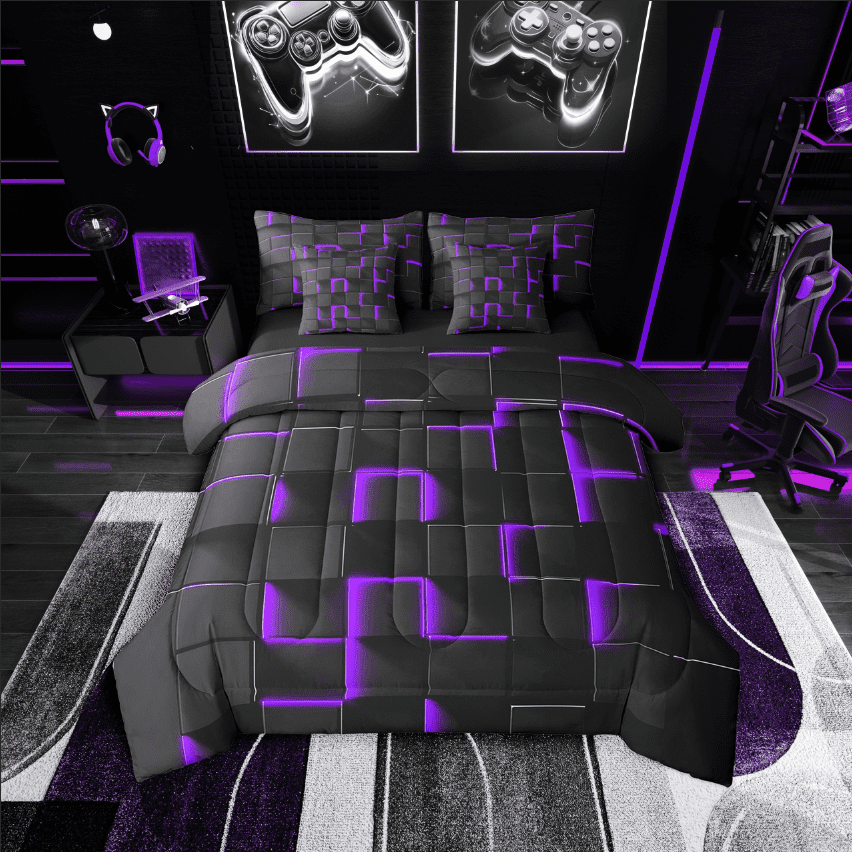 Erosebridal Neon Geometry Bed in a Bag Queen size,Stereoscopic Gradient Plaid Bedding Queen Size,Kids Room Decorative,Reversible,Ultra Soft,7-Piece