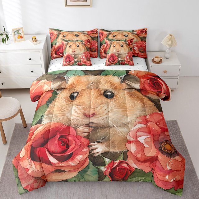 Ensemble Douillette 7 Pcs Cochon d'Inde Lit Double Tout-en-un, Ensembles de Literie Kawaii Cavy Draps de Lit Roses Rouges, Ensemble de Draps Animaux Sauvages Mignons avec Douillette