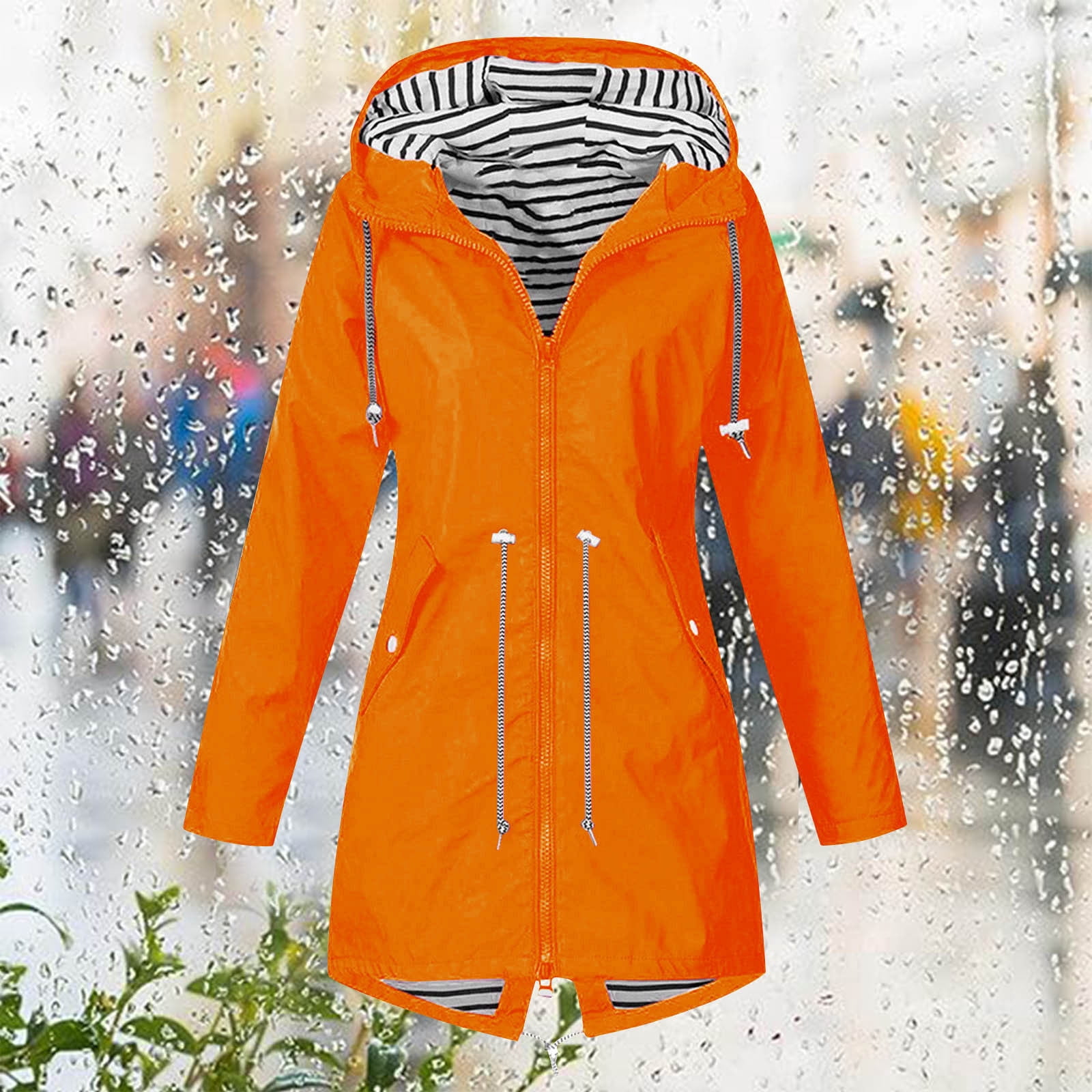 Aqestyerly Women Rain Jacket Hooded Coat Windproof Outdoor Loose Fit Lightweight Solid Color Jacket With Pocket HWRETIE