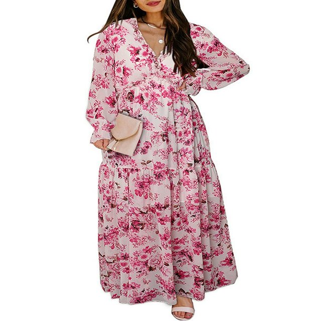 Robe Maxi pour Femmes à Col en V, Manches Longues, Imprimé Floral, Robe Évasée à Volants