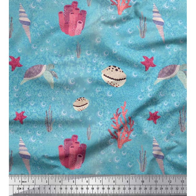 Soimoi polyester Crepe Fabric Coral,Shell & Sea Turtle Ocean Print Fabric by the Yard 52 Inch Wide