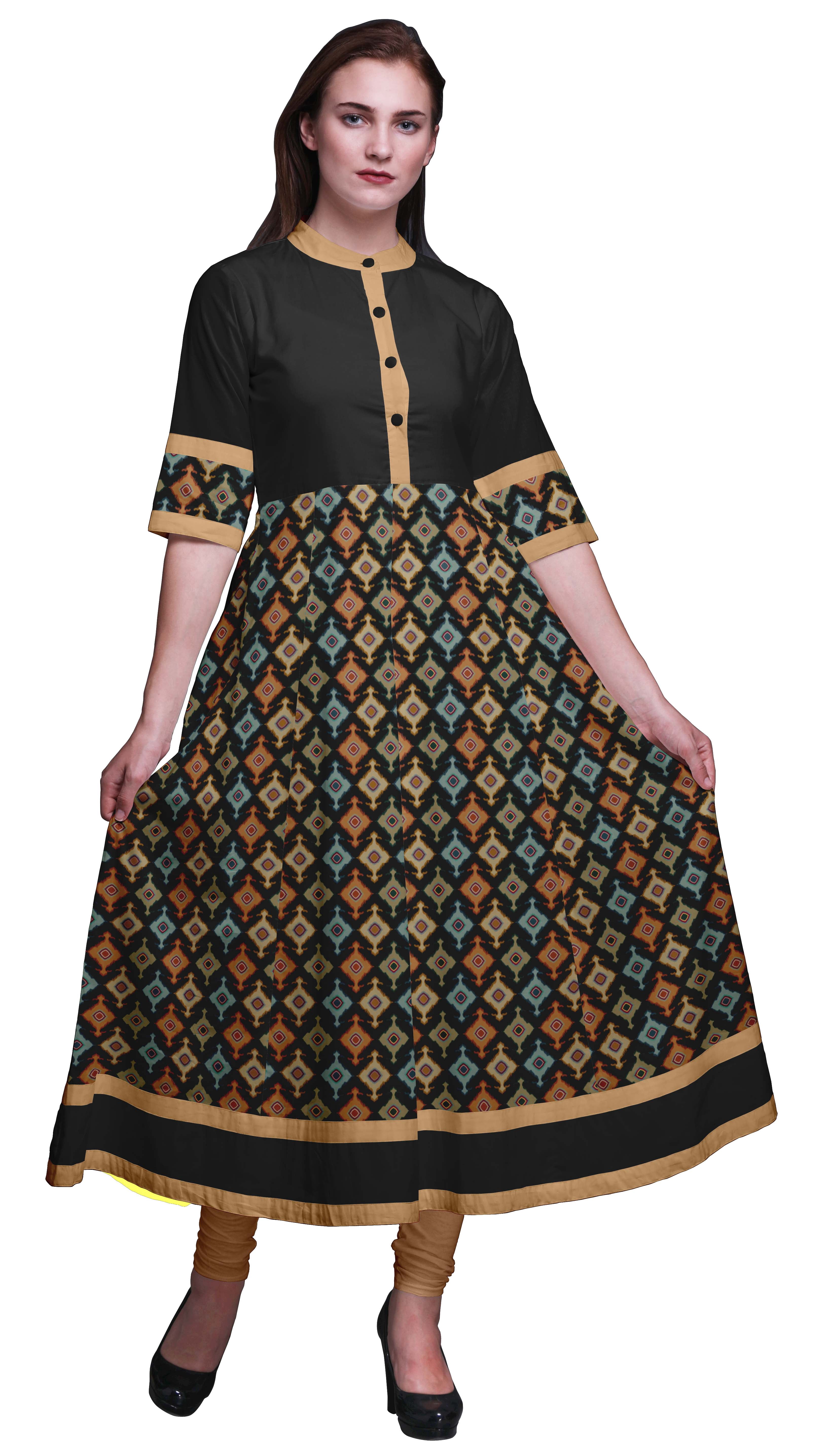 Bimba Robe Anarkali Longue Ligne A Ikat à Losanges Noirs pour Femmes Kurtis Indiens Classiques Imprimés Tunique-Moyen