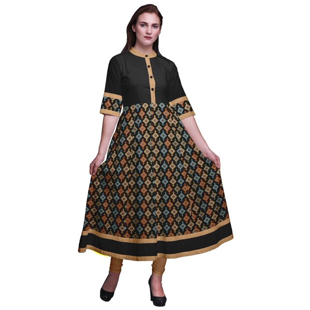 Bimba Robe Anarkali Longue Ligne A Ikat à Losanges Noirs pour Femmes Kurtis Indiens Classiques Imprimés Tunique-Moyen