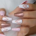 thumbnail image 4 of Medium Coffin Press On Nails With Design Pink Double V Pattern Glitter False Nails Long Acrylic False Nails Kit Ballerina Tips, 4 of 6