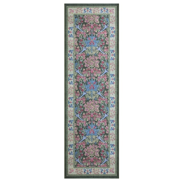 Better Homes & Gardens Tapis Coureur 30X96 Hannah à Motif Floral Vert Fluide avec Fond Vert, Présentant des Motifs Floraux Détaillés Rose, Bleu et Ivoire et une Bordure Florale Ivoire, Fait de 100 % polyester avec Endos TPR Antidérapant, Lavable à la machine et Idéal pour les Couloirs et les Cuisines.