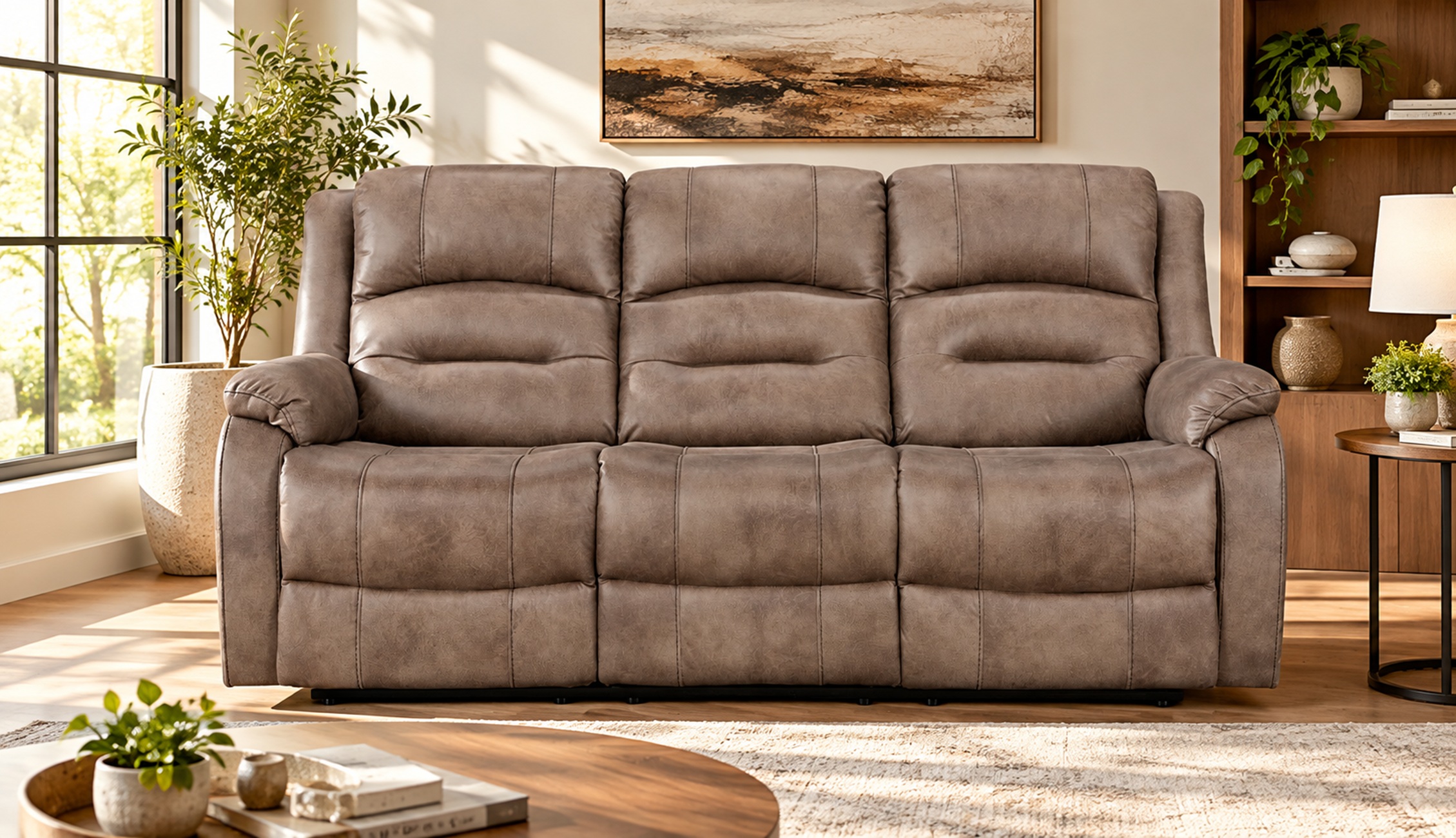 K-Living Larissa Recliner Sofa in Caramel Brown Palomino Fabric for Living Room