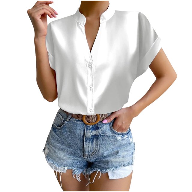 Women Solid Color Tops Button V Neck T-Shirts Blouse
