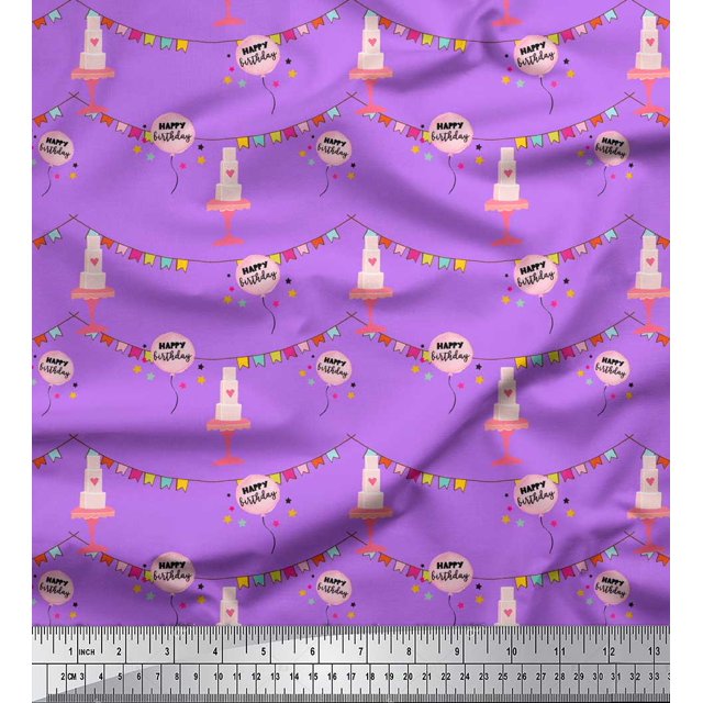 Soimoi Purple Modal Satin Fabric Birthday Theme Party Print Fabric by the Yard 42 Inch Wide
