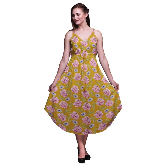 Bimba Floral Ladies Printed Resort Midi Drawstring Dress Spaghetti Strap Beach Wear-Small