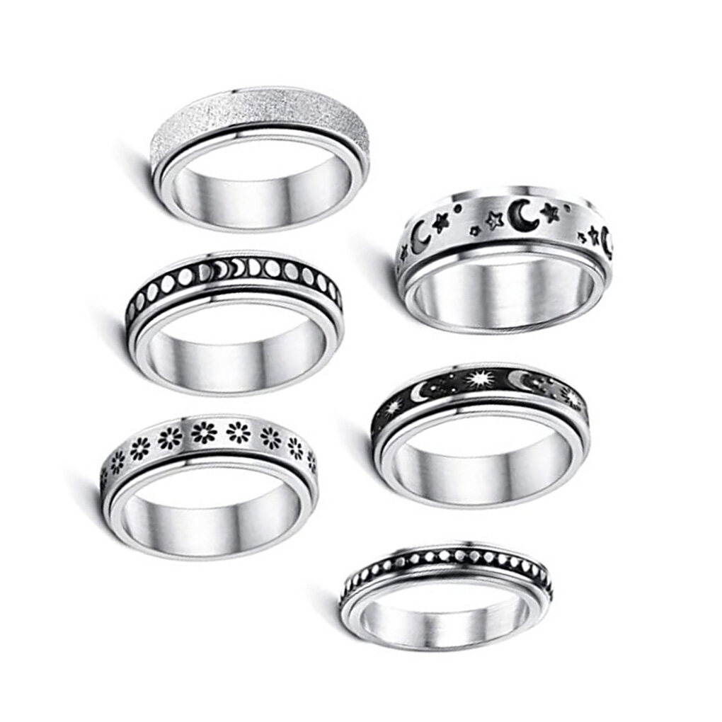 6 Pieces Anxiety Rings Corruption Resistant Round Moon Phase and Anti-Pressure Rings for Shape Anti-Pressure Small Wide Rings Jewelry with Chain Women Type 4