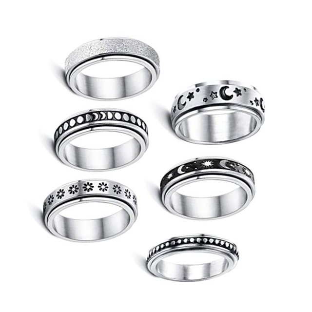 Anneaux d'Anxiété 6 Pièces Anneaux Ronds Résistants à la Corruption pour Hommes Femmes Forme de Phase de Lune Anti-Pression Petits Anneaux Larges Bijoux avec Chaîne Femmes Type 3