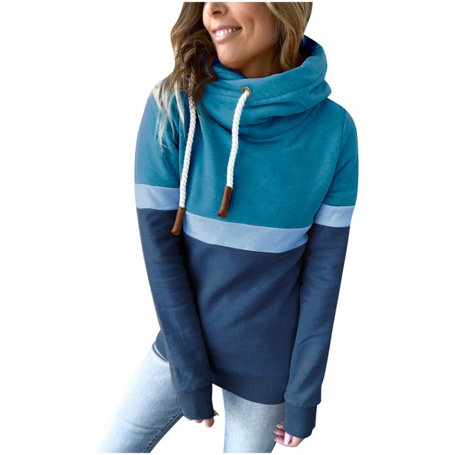 Hauts pour Femmes Sexy Décontracté Patchwork Pull Col Roulé à Capuche Manches Longues avec Cordon de Serrage Chandail en Molleton Décontracté