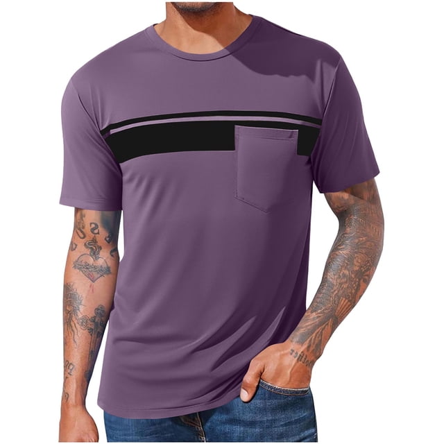 Men Oversized T Shirts Casual Loose Short Sleeve Crew Neck Tee Shirt Striped Color Block Tops with Pocket