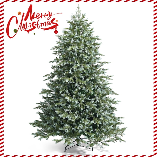 Patiojoy 8ft Evergreen Artificial Christmas Tree, featuring a mixed PE and PVC design with 1658 branch tips for a realistic appearance. This unlit tree includes a sturdy metal stand and is divided into 4 sections for easy setup and storage. Ideal for decorating with ornaments in homes, offices, or public spaces during the holiday season.