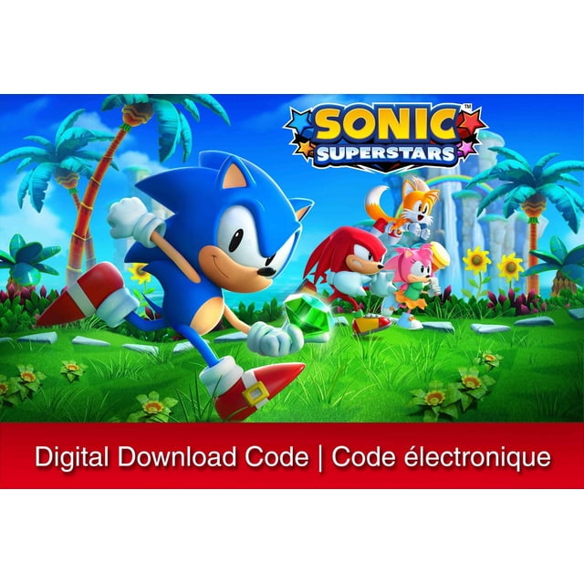 SONIC SUPERSTARS - Code Numérique Nintendo Switch Montrant SONIC Tenant un Chaos Vert Émeraude Courant sur une Herbe Verte Vibrante avec Queues, Jointures et Amy Rose Suivant, Ensemble dans un Environnement Coloré avec Palmiers, Tournesols et une Cascade sous un Ciel Bleu Clair, Représentant le Nouveau Jeu de Plateforme 3D SONIC Classique 2D avec Jeu en Coop Locale.