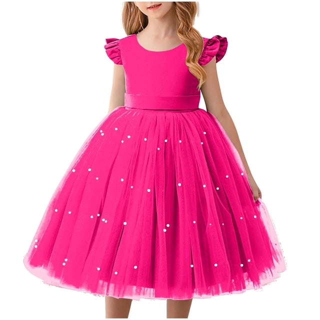 Prix Réduit, Robe Bouffante en Maille Unie à la Mode pour Filles, Montrée en Couleur Rose Vif. Cette Robe de Soirée Formelle Présente un design Sans Manches avec des Détails d'Épaule à Volants, un Corsage Ajusté et une Jupe en Maille Volumineuse Ornée de Petits accents Blancs. Fabriquée en polyester Respirant, Elle Offre une Coupe Confortable Convenant aux occasions Formelles, aux Concours de Beauté, aux Fêtes d'Anniversaire et aux Événements en Soirée. Idéale pour les Filles à la Recherche d'Une Tenue Stylée et Élégante.