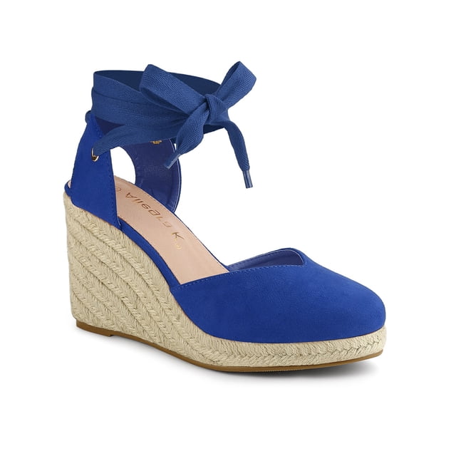 BLISSFUL STEP Chaussures pour Femmes Sandales Espadrilles à Talon Compensé Haut Bout Rond Bleu Royal 7,5