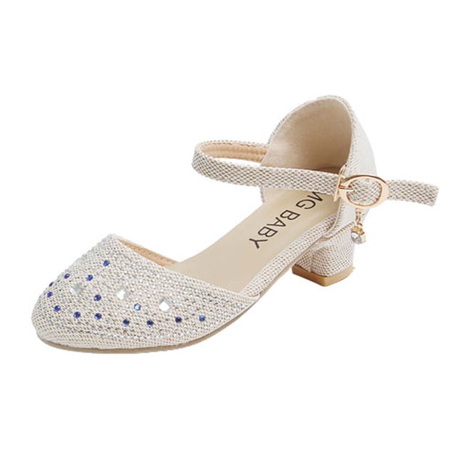 Girls Heels Princess Shoes Rhinestone Sparkling Closed Toe Heels Ankle Strap Pendant Dance Wedding Party Spring Summer Dress Pump Shoes Gold