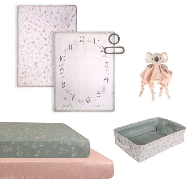 5-Piece Crib Bedding Set, Nature with a reversible milestone comforter featuring numbers 1 to 12 in a circle and felt frames for tracking weeks and months, two fitted sheets in green and peach floral prints sized for standard crib mattresses, a soft koala buddy blankie, and a matching floral storage tote with rope handles.