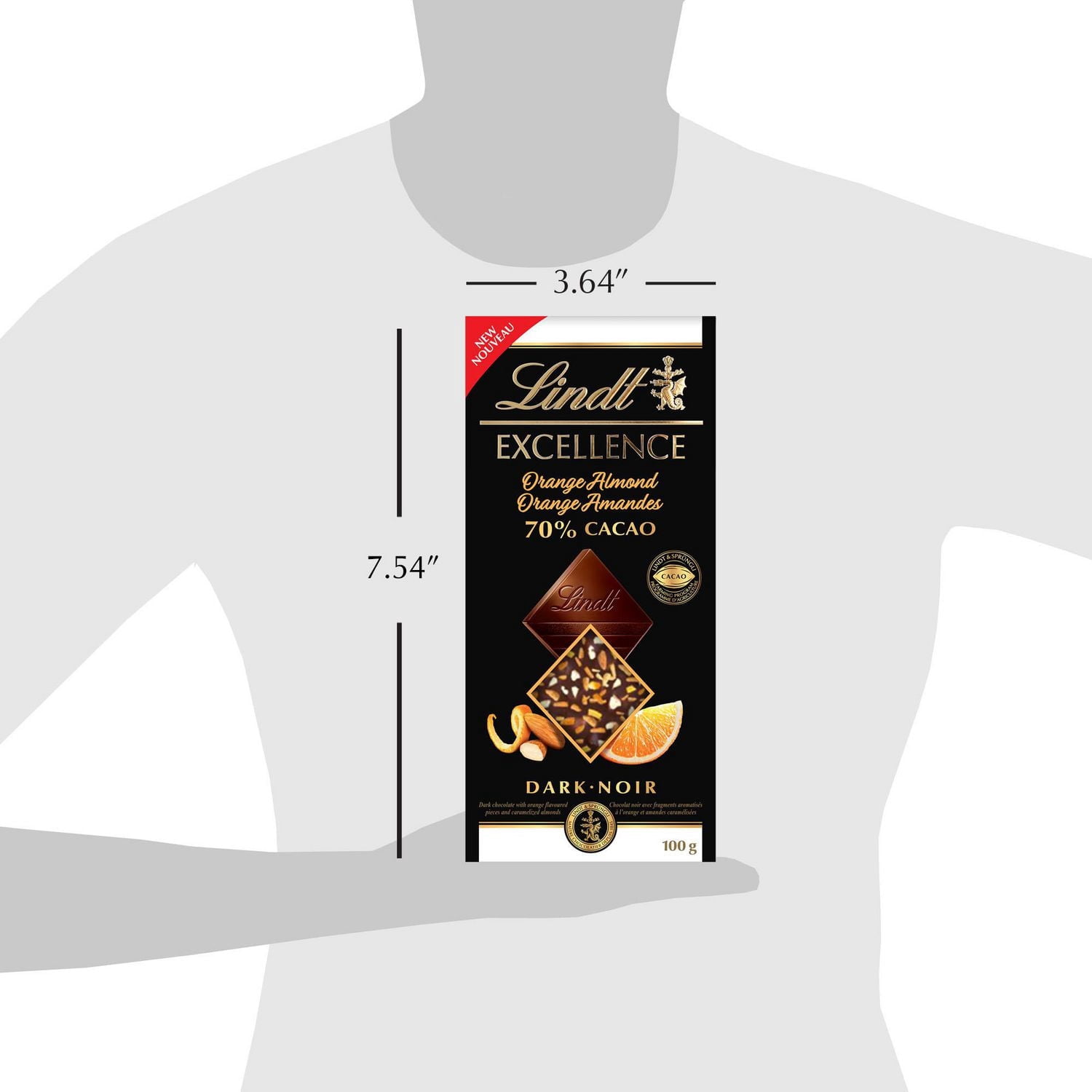 Chocolat noir Lindt EXCELLENCE à 70 % de cacao avec orange et amandes – Barre (100 g)