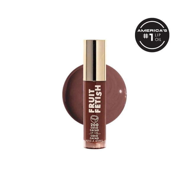Milani Fruit Fetish Lip Oil in 200 Coco Cacao shade with gold cap, front-facing over a circular swatch of deep brown glossy lip oil, recognized as America's #1 lip oil, providing hydration and a subtle tint for lips.