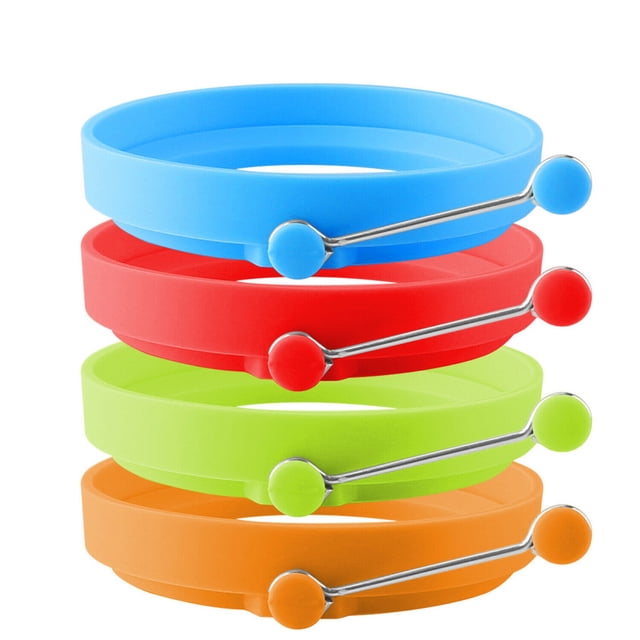 4Pcs Eggs Rings Silicone Handles Nonstick Pancake Kitchen Cooking Tool. A set of four round silicone egg rings in blue, red, green, and orange, each with a folding metal handle for easy use and storage. Designed for making eggs, pancakes, omelets, and more. Diameter: 3.9 inches, height: 0.78 inches, handle length: 2.5 inches. Dishwasher safe and reusable.