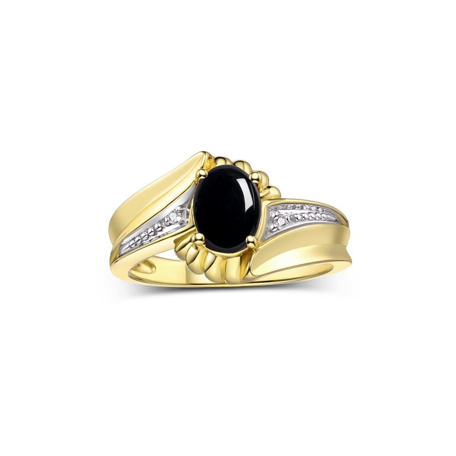 RYLOS Bagues pour Femmes Bague Z en Argent Plaqué Or 14K à Tourbillon Pierre Précieuse Ovale 7X5MM et Bagues en Diamant Cabochon d'Octobre Onyx Bijoux Taille 10