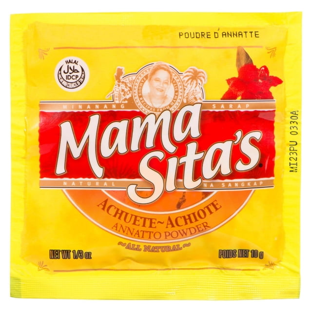 Mama Sita's Annatto Powder 10g sachet in bright yellow packaging with red and orange accents, featuring the brand name prominently, labeled Achuete-Achiote and all natural, with halal certification and net weight 1/3 oz (10g), ideal for adding color and mild nutty flavor to Filipino dishes.