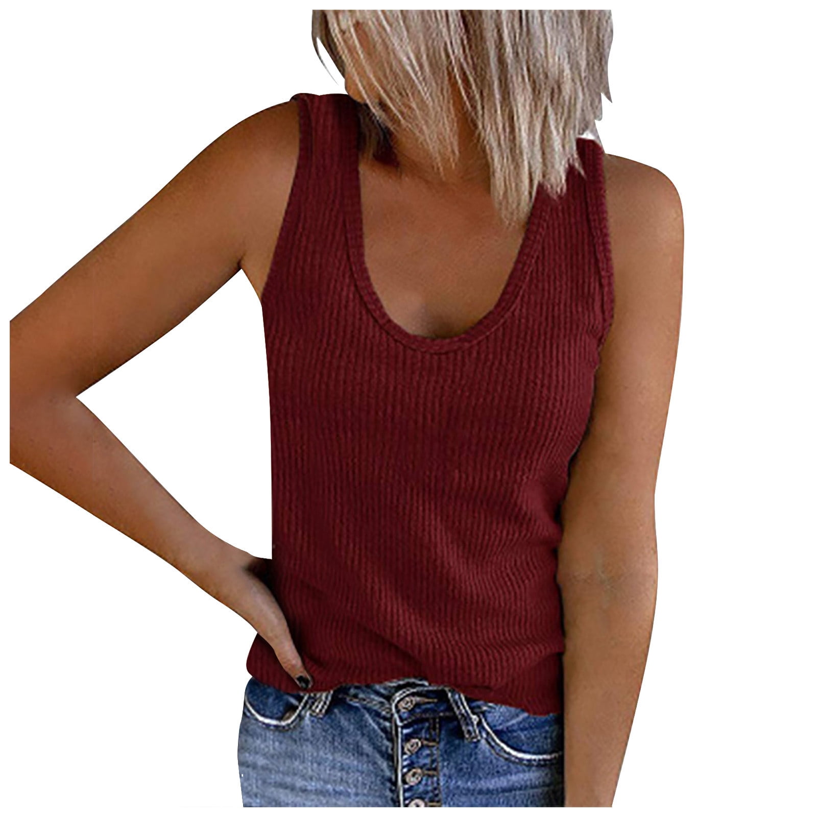 Womens Solid Tank Tops Sleeveless U-Neck Base Shirt Summer Casual Workout Tees