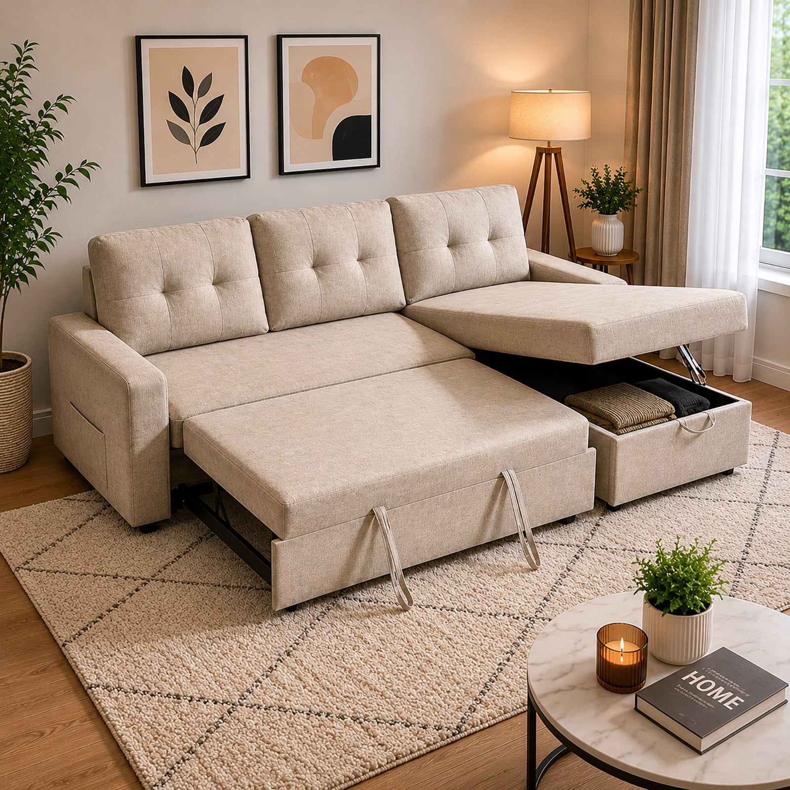 Cosmic Homes Evane Sectional Sofa Bed – Beige Elegant Comfort and Smart Functionality for Modern Living Rooms