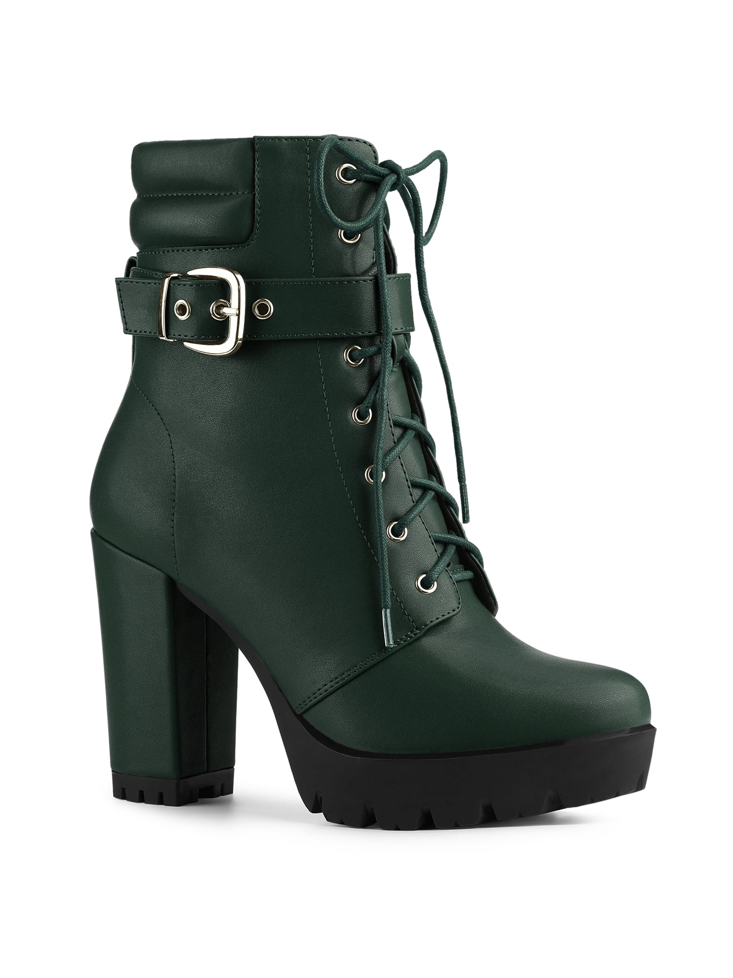 BLISSFUL STEP Women's Platform Buckle Lace Up Block Heel Ankle Boot Dark Green (Size 8)
