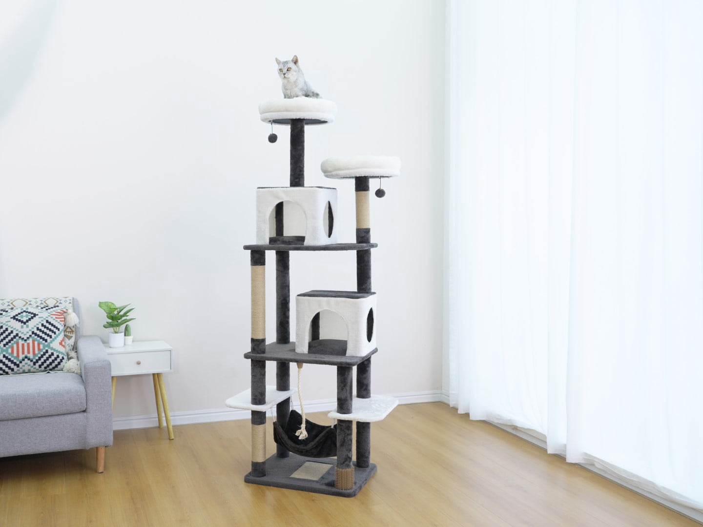 Home4Cat arbre à chat de 74,8 po à 8 niveaux avec deux niches, un hamac douillet, des griffoirs en sisal et deux jouets stimulants