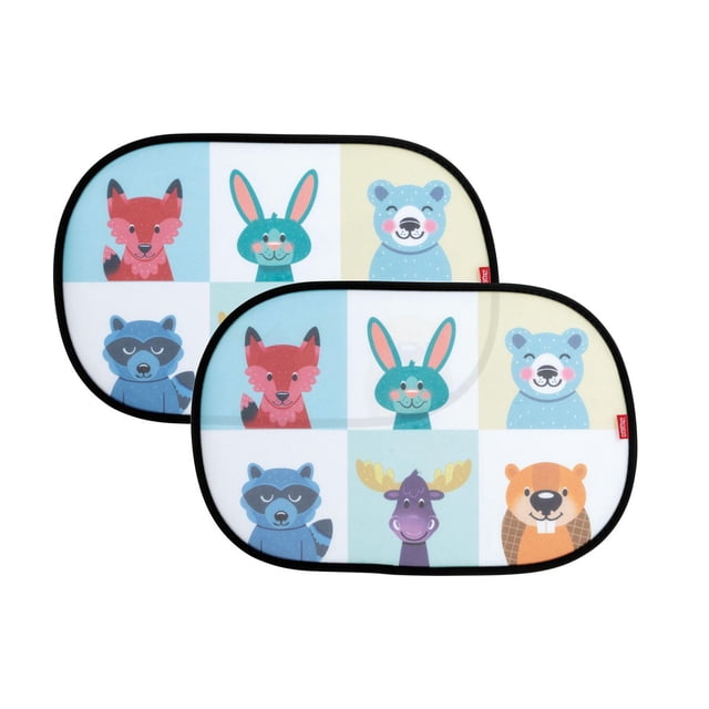 Nûby™ Pop-Open Cling Shade with colorful forest animal illustrations including fox, rabbit, bear, raccoon, moose, and beaver in a grid pattern, designed to easily and securely cling to most car windows, measuring 18 by 12 inches with a flexible black border frame.