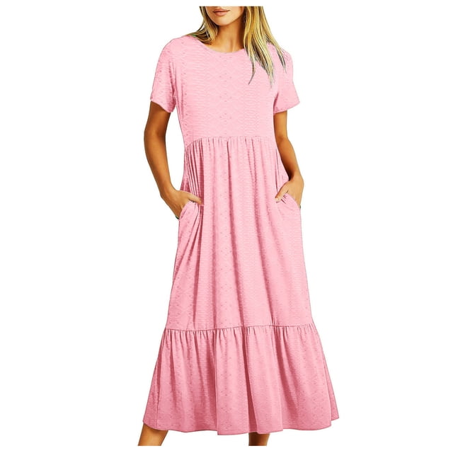 Pisexur Robes d'Été pour Femmes à Col Rond, Robe Fluide Plissée Tendance à Manches Courtes, Mode avec Poche, Robe d'Été de Plage Évasée à Imprimé Floral