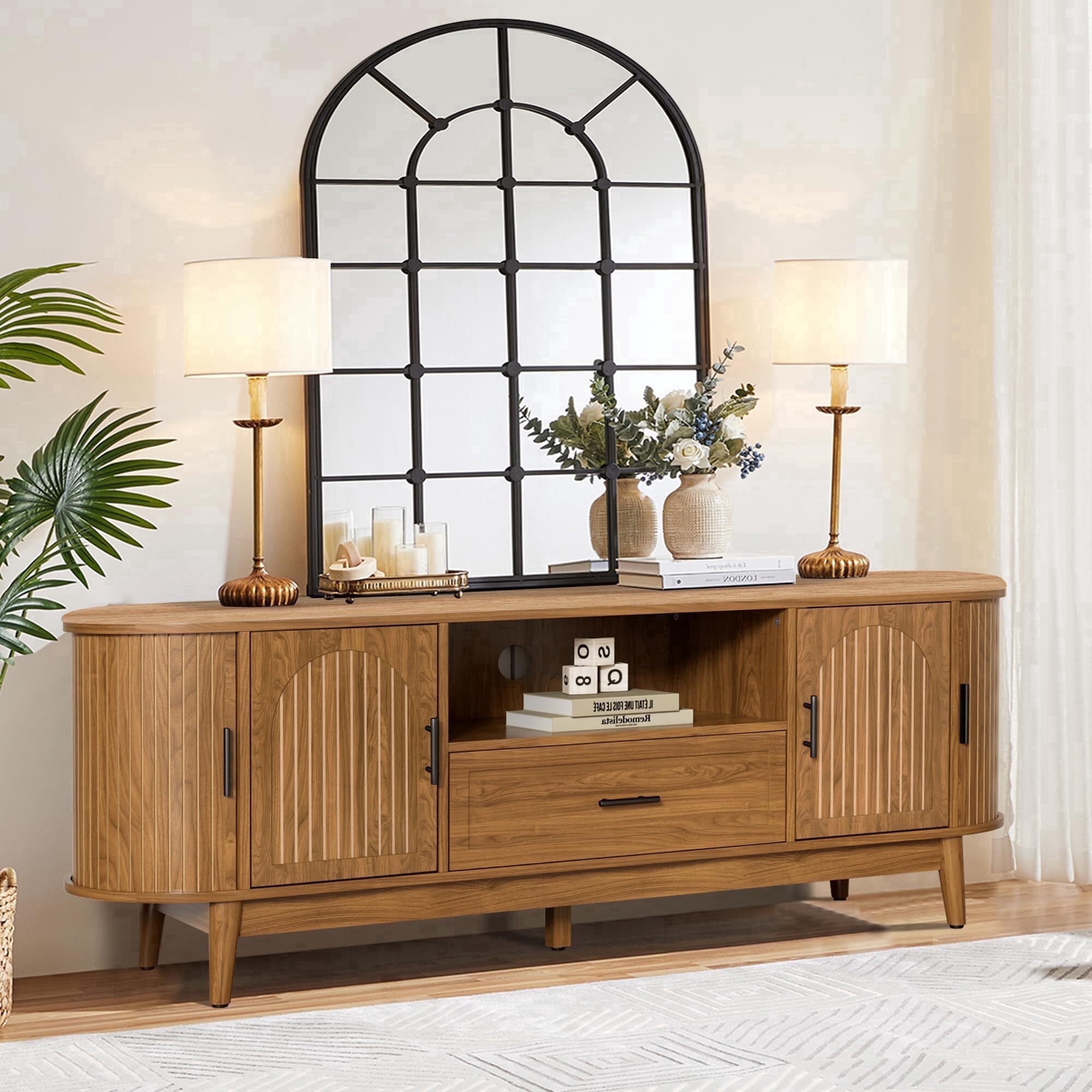 63" Fluted TV Stand for 70" TVs, Mid-Century Entertainment Center with Drawers & Sliding Doors, Curved Media Console