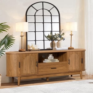 63" Fluted TV Stand for 70" TVs, Mid-Century Entertainment Center with Drawers & Sliding Doors, Curved Media Console