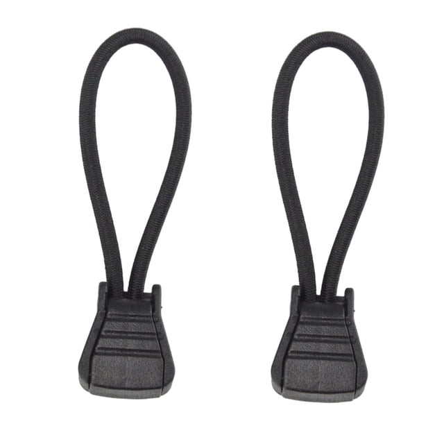 2pc Scuba Diving Dive Diver Hose Clip Retainer Holder Elastic Bungee Rope Tap. The image shows two black elastic bungee ropes with plastic tabs, designed for securing scuba diving hoses. Lightweight, durable, and portable, these retainers replace the need for cable ties or O-rings. Each rope measures approximately 6.5 cm in length.