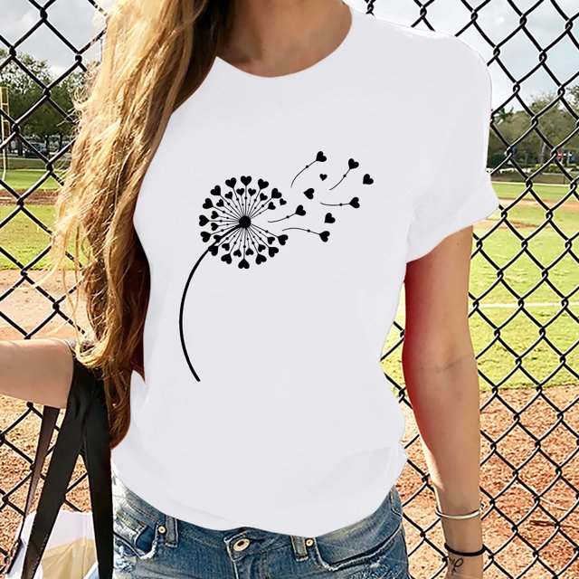 Meichang T-Shirts Graphiques Tendance pour Femmes Nouveauté Drôle Mignon T-Shirts à Imprimé Pissenlit Décontractés Col Rond Manches Courtes T-Shirts Légers Hauts