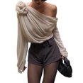 thumbnail image 1 of Gupgi Women Ruched Chiffon Tops One Shoulder Long Sleeve 3D Floral Mesh Shirt Solid Color Blouse, 1 of 9