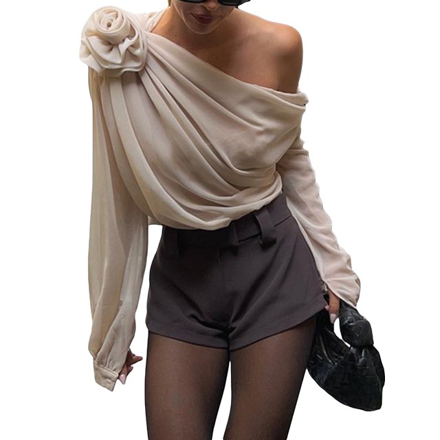 Gupgi Women Ruched Chiffon Tops One Shoulder Long Sleeve 3D Floral Mesh Shirt Solid Color Blouse