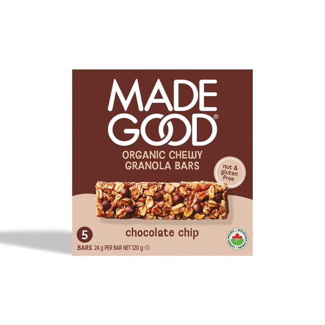 MadeGood Chocolate Chip Granola Bars 5pk box showing one organic chewy granola bar with visible chocolate chips and oats, labelled nut and gluten free, containing five 24g bars totaling 120g, certified organic in Canada, ideal for on-the-go snacking.