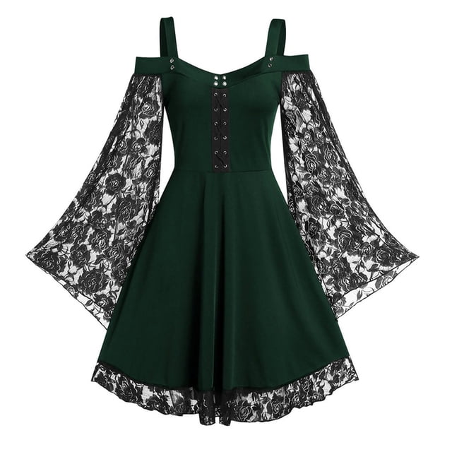 Robes de Cocktail et de Fête Aqestyerly Mode Aguichant Femmes Patchwork Crâne Dentelle à Empiècements Manches Longues Robe de Fête Vintage