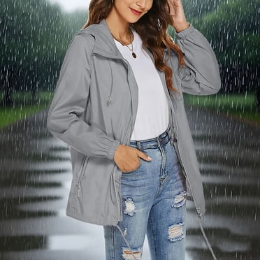 Amzcrzy Womens Rain Jackets Solid Color Hooded Raincoat Long Sleeve Waterproof Zip Up Jackets for Women Lightweight Rain Coats with Pockets XL