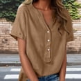 thumbnail image 2 of Floleo T-Shirt à Manches Courtes pour Femmes, Style Lin, Col en V, Boutons devant, Demi-Ouverture, Haut Vintage Classique, Respirant, Confortable, Extensible, Tissu Fin, Printemps Été Automne, Tenue Quotidienne (Brun#1, m), 2 of 8