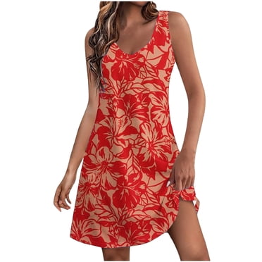Pisexur Robes d'Été pour Femmes 2024 Plage Décontractées Sans Manches Robe Midi Imprimé Floral Débardeur Ample Robe Soleil avec Poche P-2TG