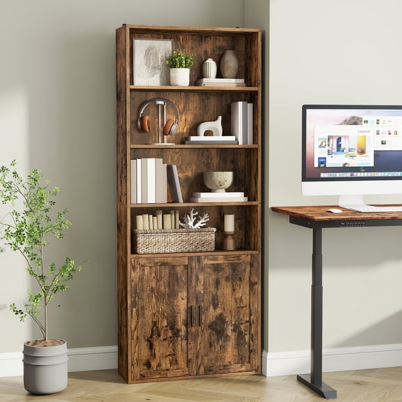LEDREM Bibliothèque Haute à 6 Niveaux avec Portes et Étagères Ouvertes, Bibliothèque de Rangement Réglable pour Salon Bureau à Domicile Salle à Manger, Brun Rustique