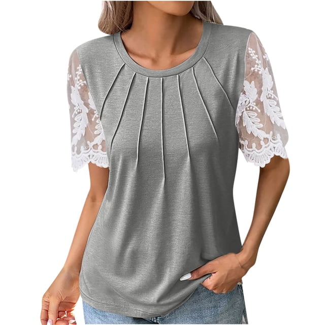 Blouses à Manches Courtes pour Femmes Mode pour Femmes T-Shirt Uni Blouse en Dentelle à Manches Courtes Col Rond Hauts Décontractés Femmes Hauts à Manches Courtes T-Shirts en Coton Femmes Blouse à Manches Courtes